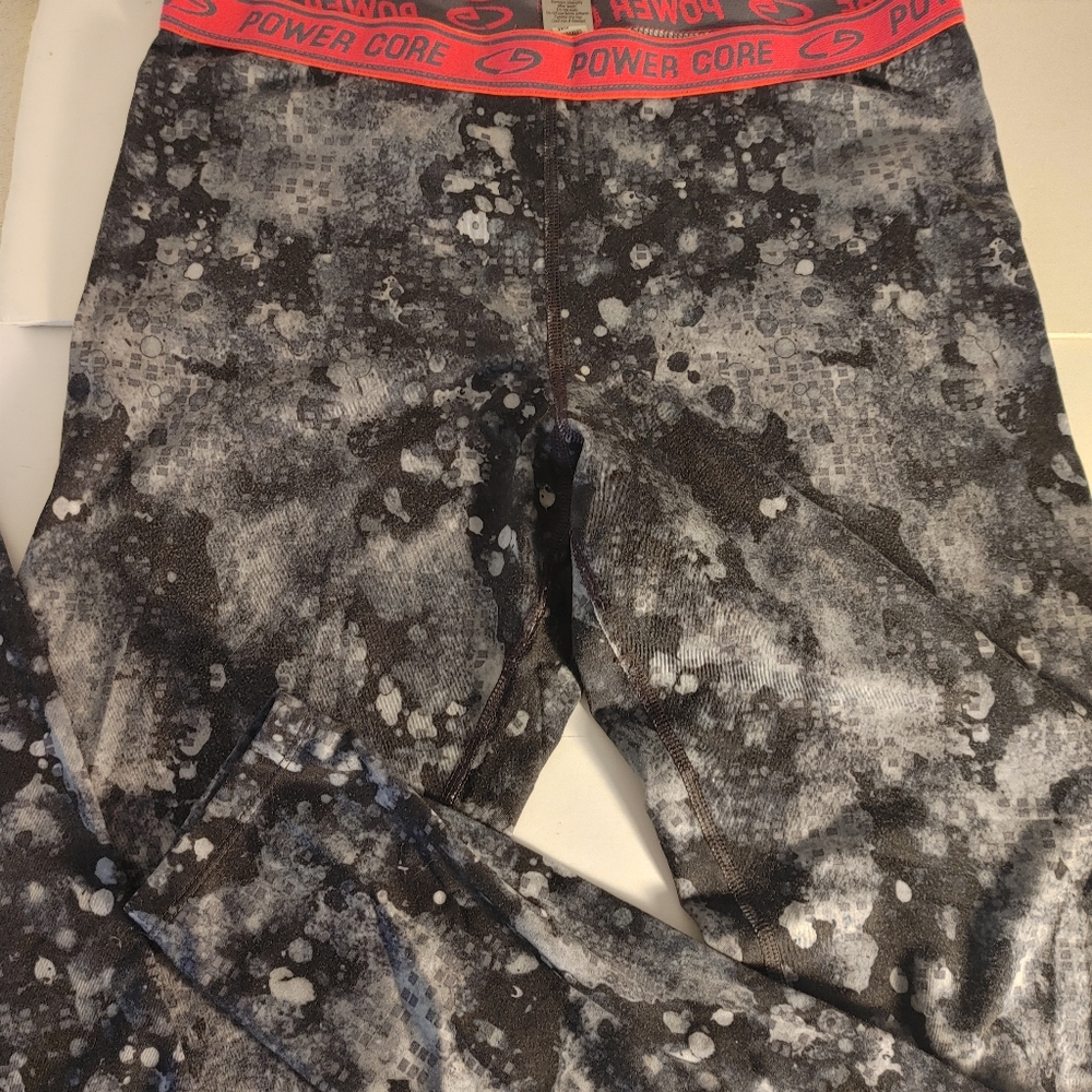 Power Core Workout Leggings Size Large Gray Design Pink Elastic Waist Band